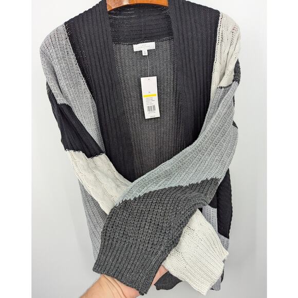 New Directions Cardigan XL Black Gray Colorblock Patchwork Sweater NWT Oversized - Picture 1 of 5